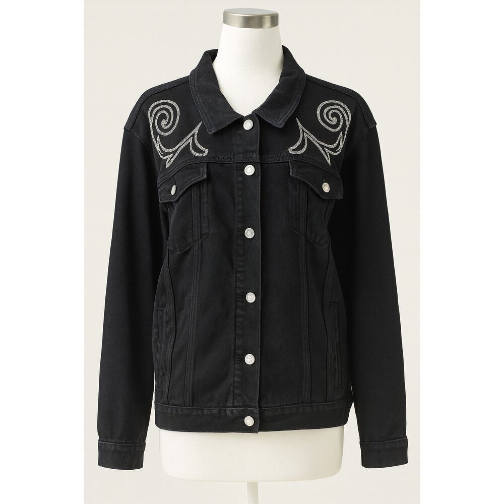 Cato S 26/28 Black Denim Jacket Embroidered Western Boho Y2K Revival Cowgirlcore